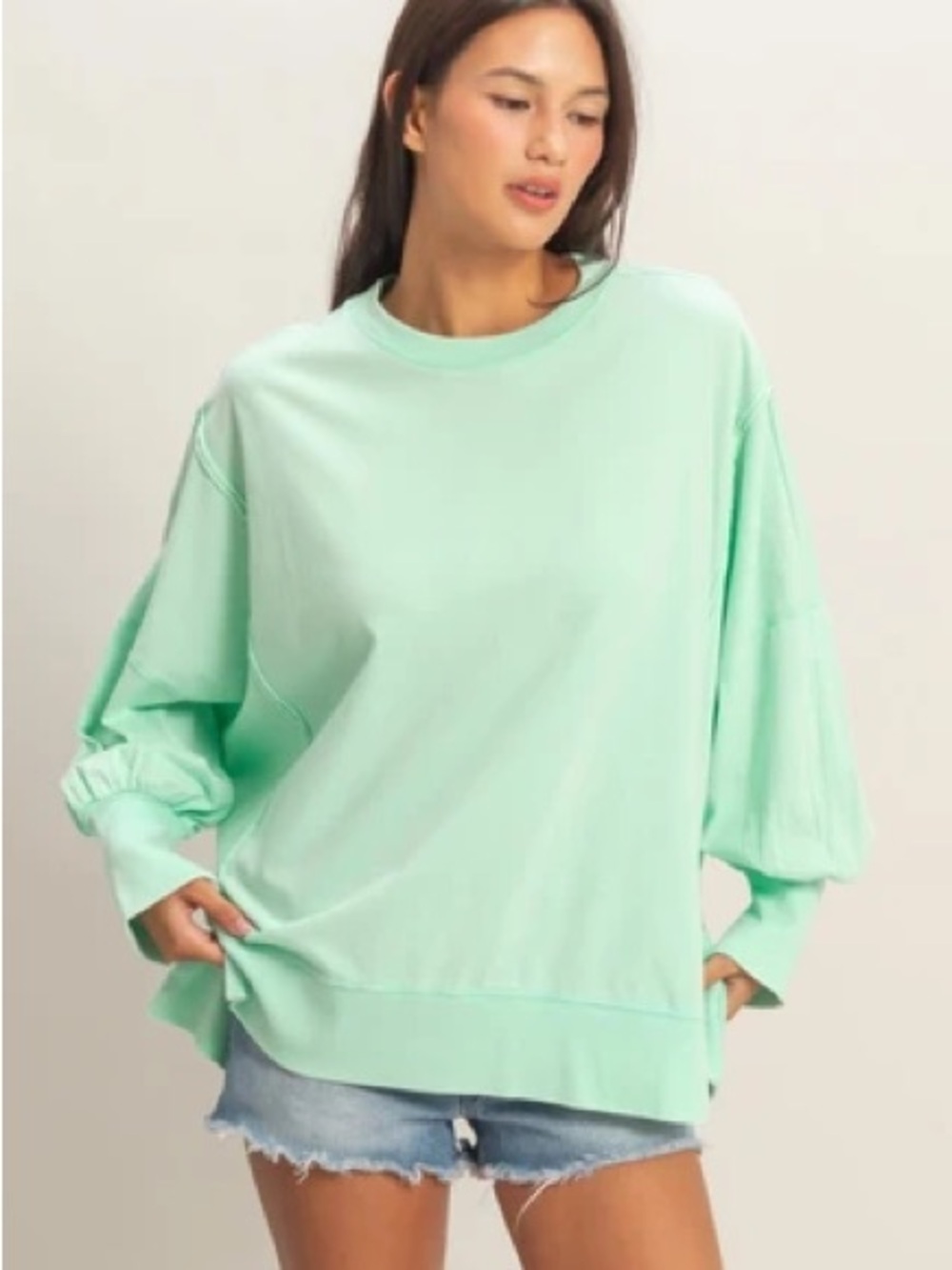 NWOT SIZE 1X Zenana Outfitters Mint Bubble Sleeve Oversized Pullover